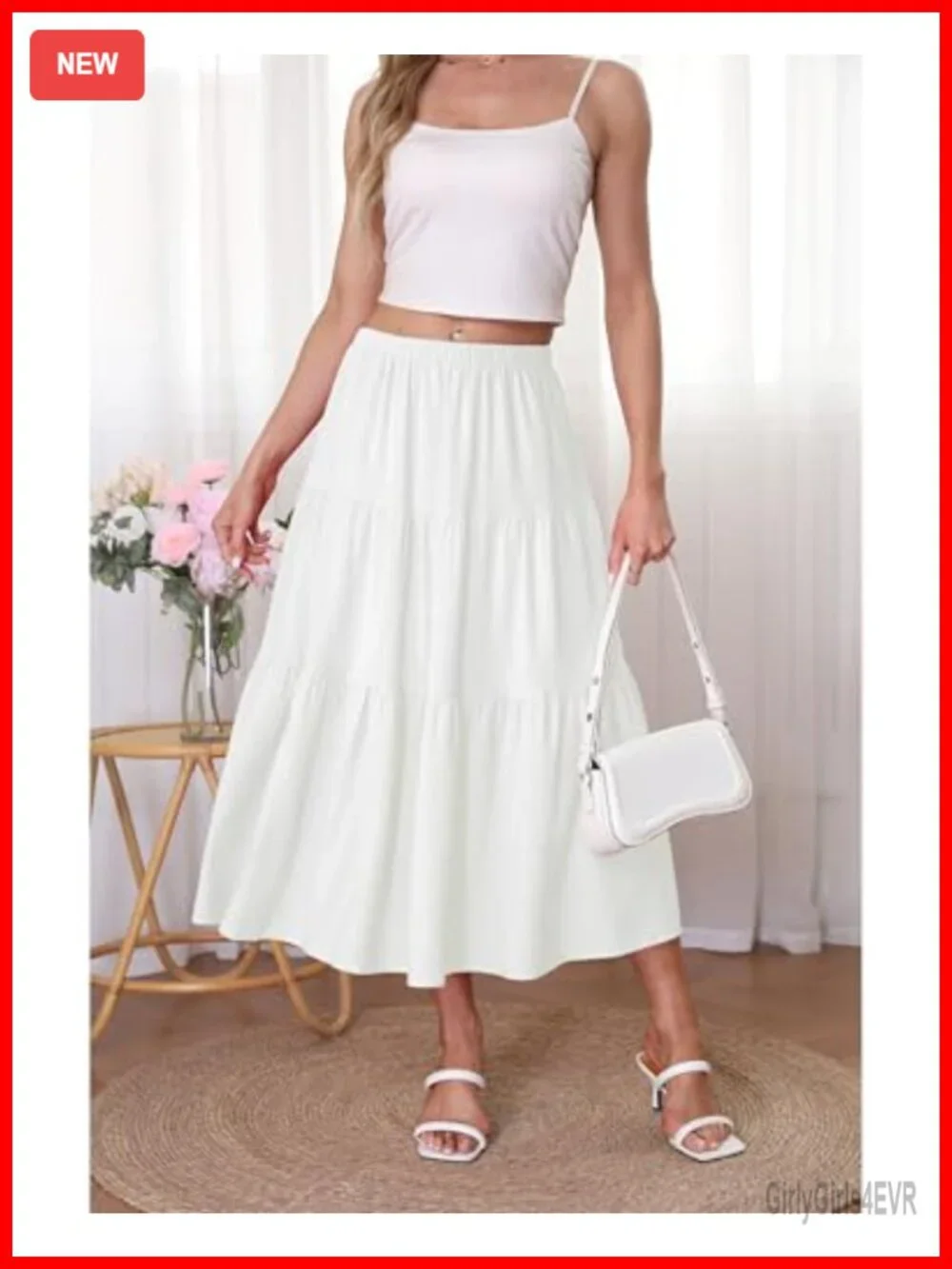 Boho A-Line Midi Skirt High Waisted Flowy Tiered Cotton Blend
